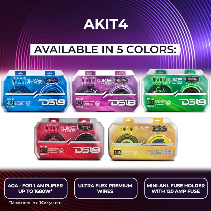 DS18 طقم تركيب مضخم الصوت AKIT4.GR 4-GA حتى 1680 واط RMS، حامل فيوز Mini-ANL، كابلات مكبر الصوت وRCA، طقم أسلاك مضخم CCA، سلك فائق المرونة، طقم أسلاك مضخم، طقم أسلاك مضخم 4 Gauge - أخضر - Image 2